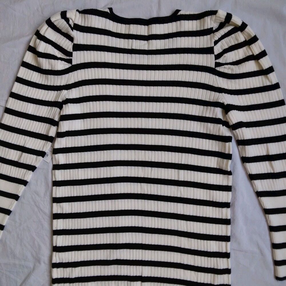 NWT Nine West Ribbed Puff Sleeve Sweater Ivory Black Stripes Long Sleeve XL - Picture 11 of 12